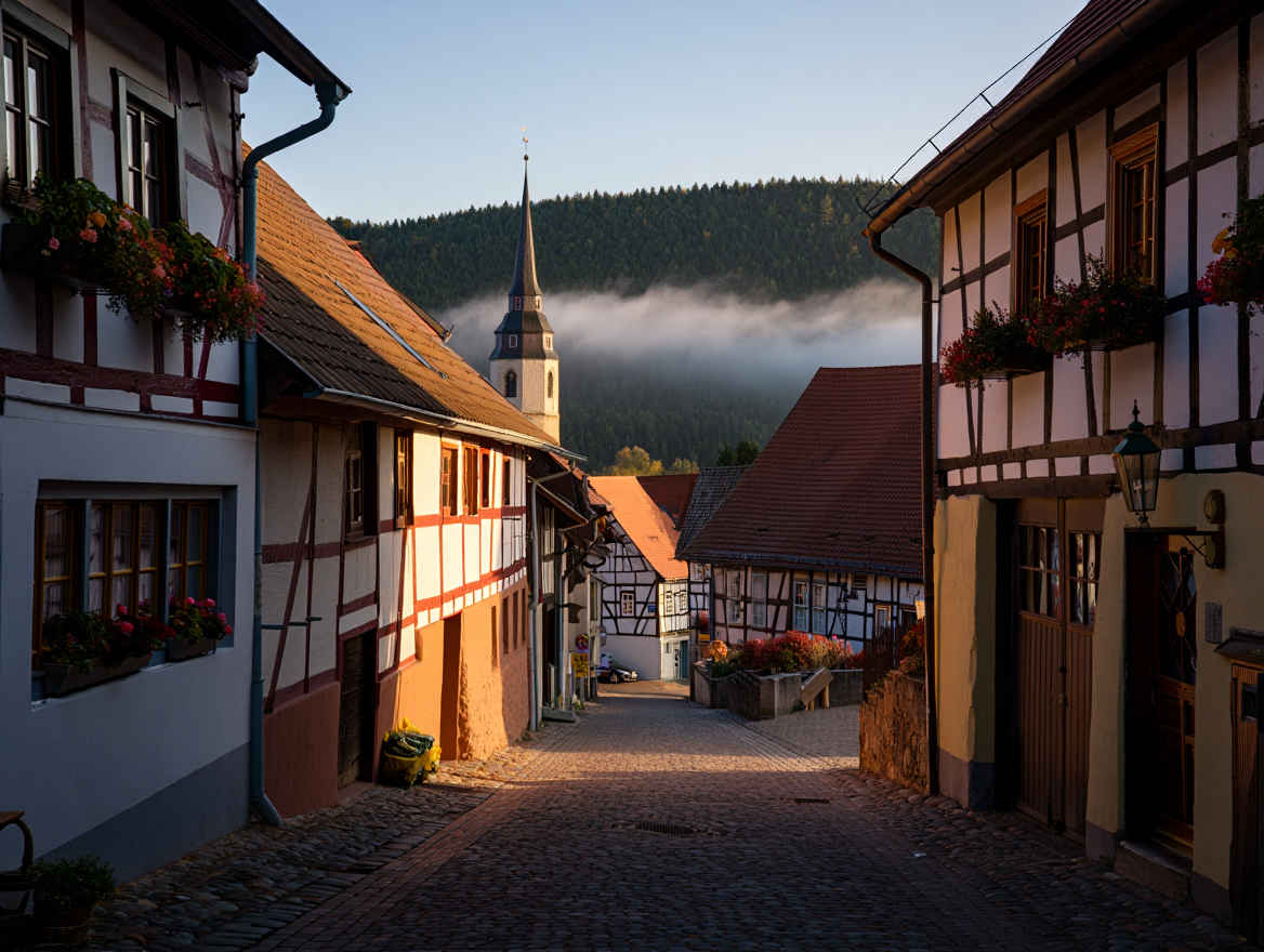 Idyllisches deutsches Dorf im Herbst mit Fachwerkhäusern