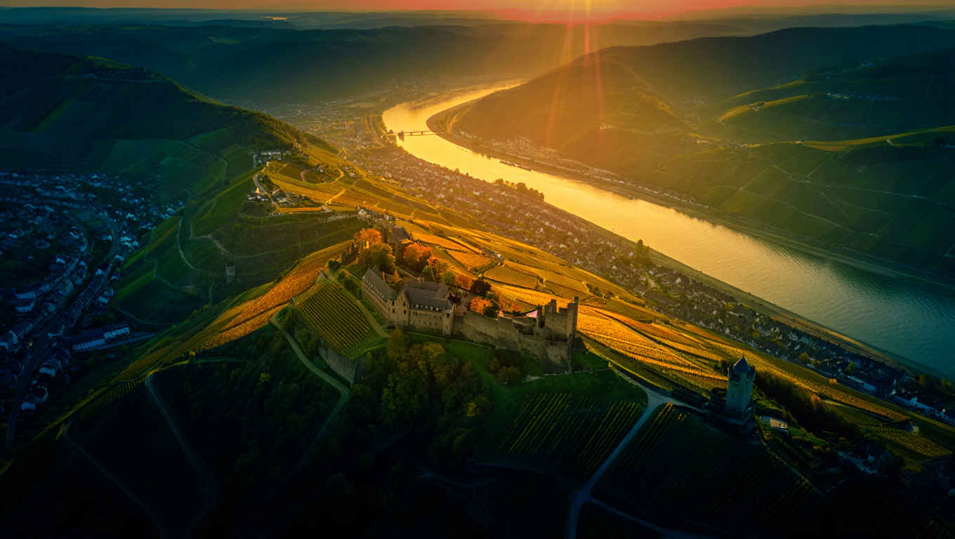 Panoramablick auf das Rheintal mit Weinbergen und historischen Burgen
